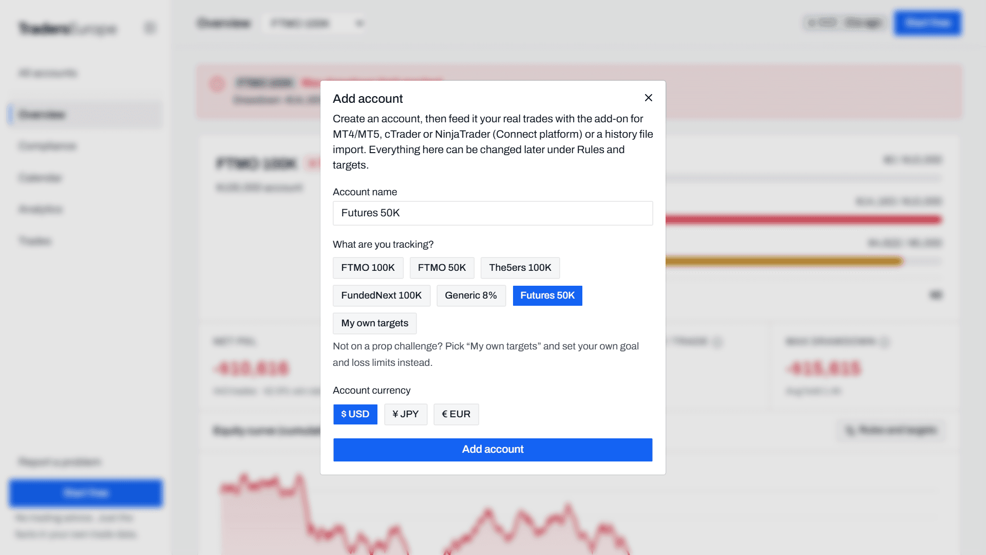 Add account dialog with FTMO preset