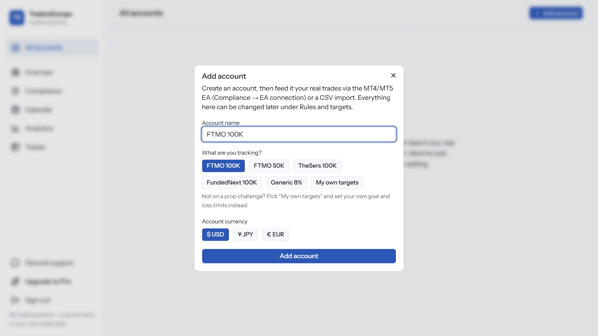 Add account dialog with FTMO preset