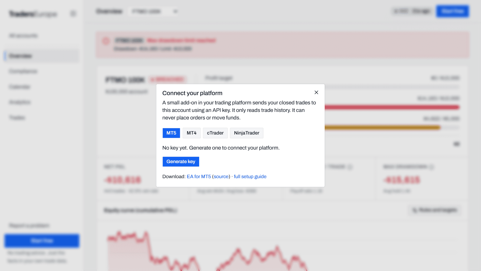 Connect platform dialog with key generation and downloads
