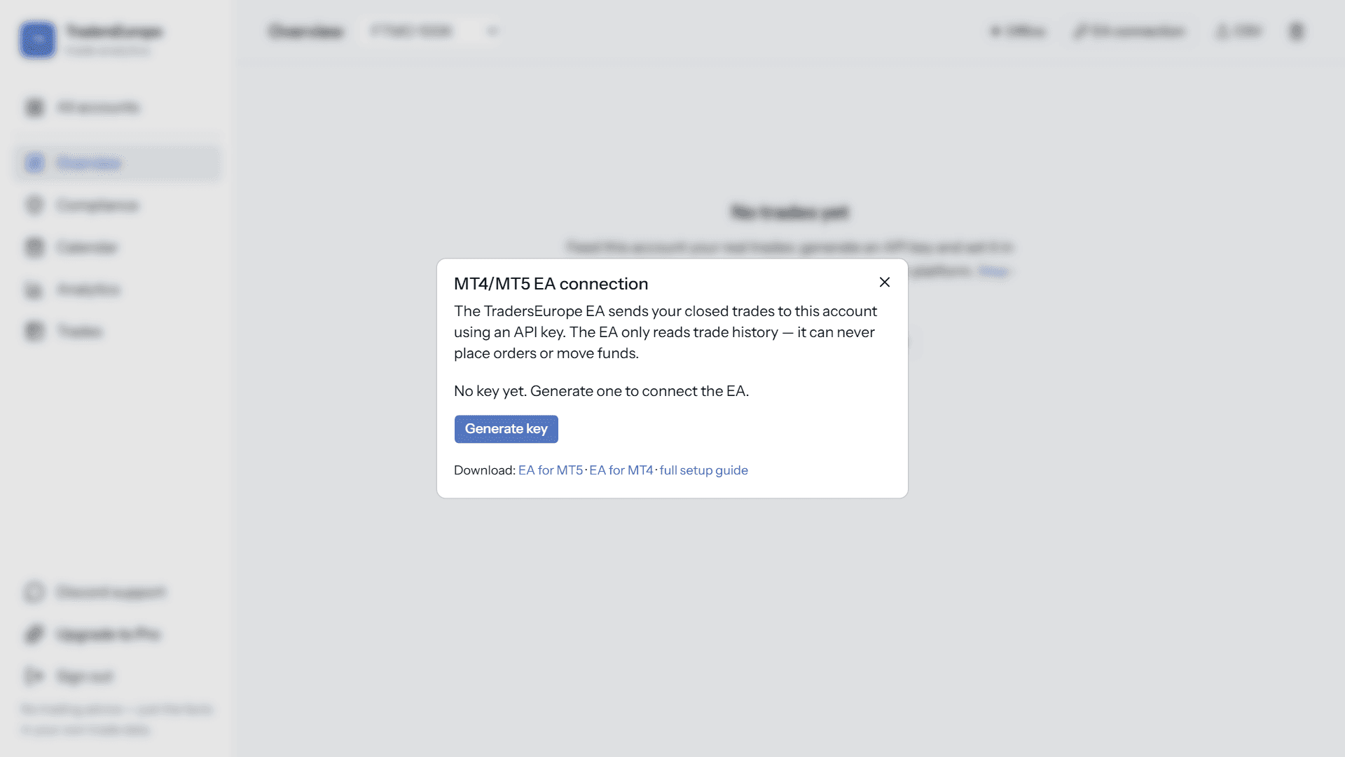 EA connection dialog with key generation and downloads